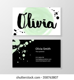 Brushed letter Olivia name hand written business card template. Vector design. Editable.