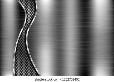 Brushed metal background with vertical perforated element. Vector 3d illustration