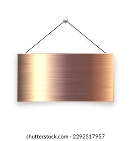 Brushed metal blank hanging signboard. Vintage door sign for cafe, restaurant, bar or retail store. Announcement banner, information signage for business or service. Vector illustration