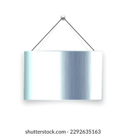 Brushed metal blank hanging signboard. Vintage door sign for cafe, restaurant, bar or retail store. Announcement banner, information signage for business or service. Vector illustration