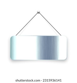 Brushed metal blank hanging signboard. Vintage door sign for cafe, restaurant, bar or retail store. Announcement banner, information signage for business or service. Vector illustration