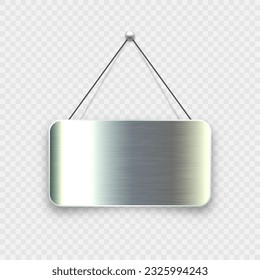 Brushed metal blank hanging signboard. Vintage door sign for cafe, restaurant, bar or retail store. Announcement banner, information signage for business or service. Vector illustration