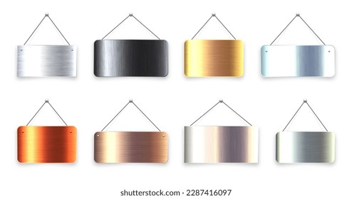 Brushed metal blank hanging signboards. Vintage door sign for cafe, restaurant, bar or retail store. Announcement banner, information signage for business or service. Vector illustration