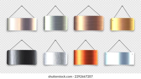 Brushed metal blank hanging signboards. Vintage door sign for cafe, restaurant, bar or retail store. Announcement banner, information signage for business or service. Vector illustration