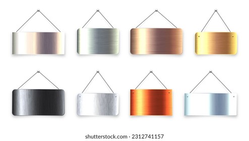 Brushed metal blank hanging signboards. Vintage door sign for cafe, restaurant, bar or retail store. Announcement banner, information signage for business or service. Vector illustration