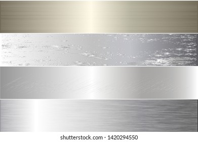 Brushed metal chrome silver gold texture vector icon set collection. Shiny scratched vector metallic gradient icon grunge background chrome for banner, label, medal. Silver gradient aluminium set