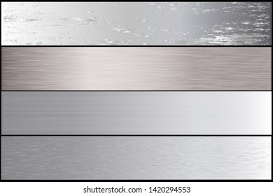 Brushed metal chrome silver gold texture vector icon set collection. Shiny scratched vector metallic gradient icon grunge background chrome for banner, label, medal. Silver gradient aluminium set