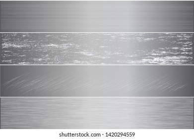 Brushed metal chrome silver gold texture vector icon set collection. Shiny scratched vector metallic gradient icon grunge background chrome for banner, label, medal. Silver gradient aluminium set