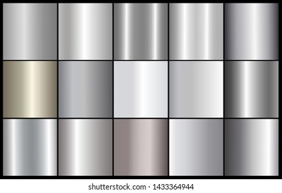 Brushed metal chrome silver texture vector icon set. Shiny brushed vector metallic gradient chrome background silver for banner, label, medal, button. Silver abstract chrome gradient collection
