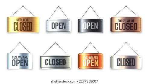 Brushed metal Open and Closed hanging signboards. Vintage door sign for cafe, restaurant, bar or retail store. Announcement banner, information signage for business or service. Vector illustration