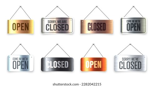 Brushed metal Open and Closed hanging signboards. Vintage door sign for cafe, restaurant, bar or retail store. Announcement banner, information signage for business or service. Vector illustration