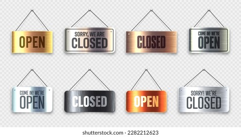 Brushed metal Open and Closed hanging signboards. Vintage door sign for cafe, restaurant, bar or retail store. Announcement banner, information signage for business or service. Vector illustration