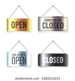 Brushed metal Open and Closed hanging signboards. Vintage door sign for cafe, restaurant, bar or retail store. Announcement banner, information signage for business or service. Vector illustration