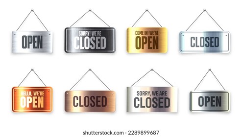 Brushed metal Open and Closed hanging signboards. Vintage door sign for cafe, restaurant, bar or retail store. Announcement banner, information signage for business or service. Vector illustration