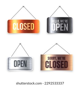 Brushed metal Open and Closed hanging signboards. Vintage door sign for cafe, restaurant, bar or retail store. Announcement banner, information signage for business or service. Vector illustration