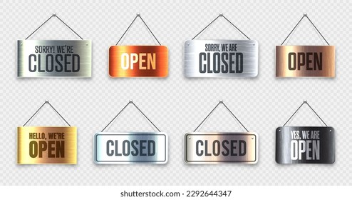 Brushed metal Open and Closed hanging signboards. Vintage door sign for cafe, restaurant, bar or retail store. Announcement banner, information signage for business or service. Vector illustration
