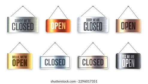 Cepillo de metal Tablero abierto y carteles cerrados colgantes. Señal de puerta de época para cafetería, restaurante, bar o tienda. Banner de anuncio, señalización de información para negocios o servicios. Ilustración del vector