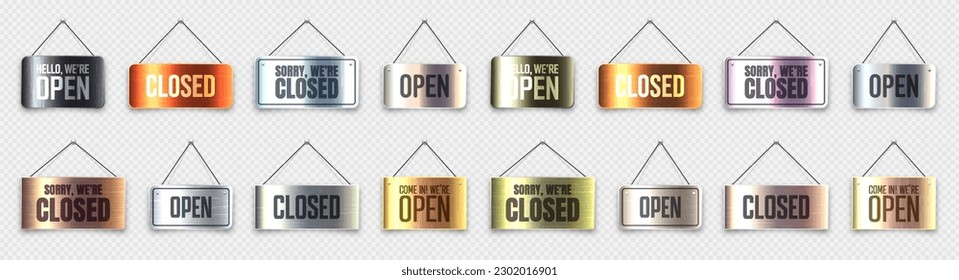 Cepillo de metal Tablero abierto y carteles cerrados colgantes. Señal de puerta de época para cafetería, restaurante, bar o tienda. Cartel del anuncio. Ilustración vectorial.