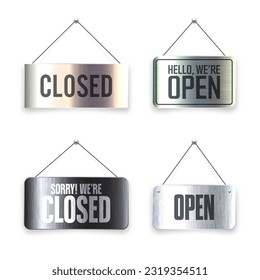 Brushed metal Open and Closed hanging signboards. Vintage door sign for cafe, restaurant, bar or retail store. Announcement banner, information signage for business or service. Vector illustration