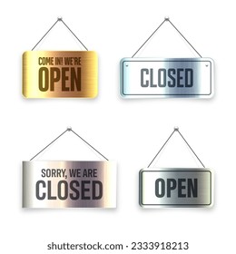 Brushed metal Open and Closed hanging signboards. Vintage door sign for cafe, restaurant, bar or retail store. Announcement banner, information signage for business or service. Vector illustration
