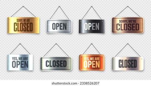 Brushed metal Open and Closed hanging signboards. Vintage door sign for cafe, restaurant, bar or retail store. Announcement banner, information signage for business or service. Vector illustration