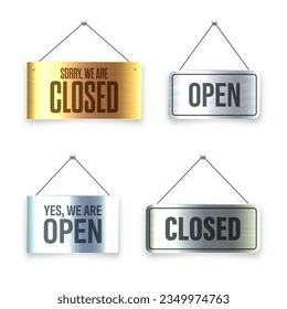 Brushed metal Open and Closed hanging signboards. Vintage door sign for cafe, restaurant, bar or retail store. Announcement banner, information signage for business or service. Vector illustration