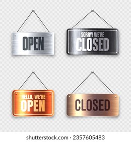 Brushed metal Open and Closed hanging signboards. Vintage door sign for cafe, restaurant, bar or retail store. Announcement banner, information signage for business or service. Vector illustration