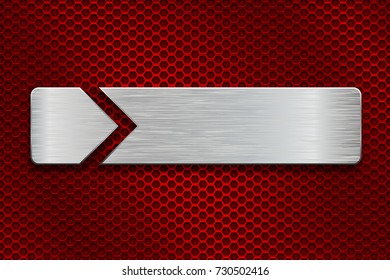 Brushed metal plate on red perforated background. Vector 3d illustration