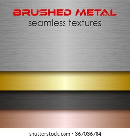 Brushed Metal Seamless Texture Set. Collection Of Aluminum Or Silver, Iron, Golden And Copper Material. Industrial Endless Background