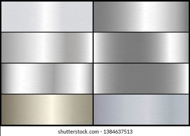 Brushed metal silver texture vector icon set collection. Shiny vector metallic gradient icon texture background scratches gold illustration for banner, label, medal. Silver gradient aluminum texture