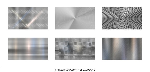 Brushed Metal. Steel Metallic Texture, Polished Chrome And Silver Metals Shine Realistic Backdrop. Stainless Metal, Nickel Or Aluminium Chrome Panels. Isolated Vector Background Set