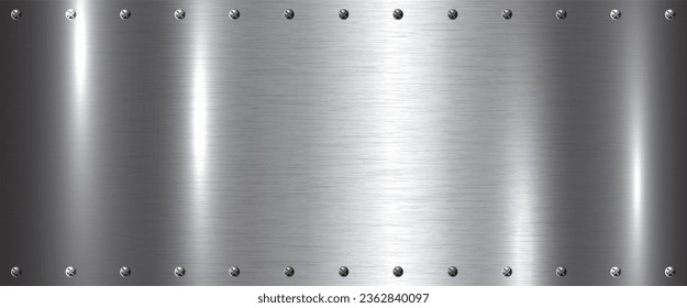 Brushed metal texture plate with rivets. Metal stainless steel texture background with reflection light. Scratched metallic background. Metal alloy frame with screws. Silver foil texture. Vector EPS10