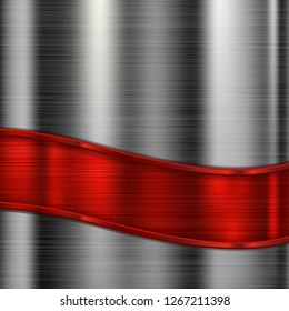 Brushed metal texture with red plate. Vector 3d illustration