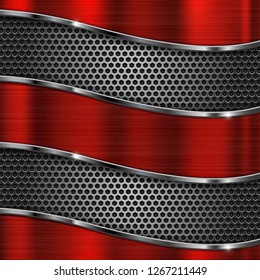 Brushed metal texture. Scratched red metallic surface with perforation. Vector 3d illustration