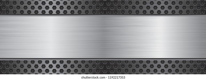 Brushed metal texture. Steel plate on perforated background. Vector 3d illustration