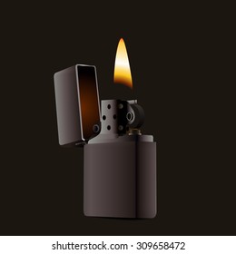 Brushed metallic lighter with hinged lid  with flame on black background. EPS10 vector illustration