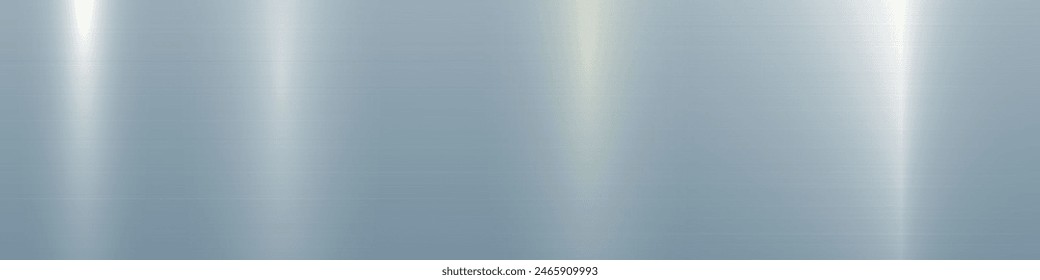 Brushed silver metal texture with reflection. Stainless steel background with scratches. Metal technology horizontal background with polished, silver plate. Aluminum, Stainless steel, Iron. Vector.
