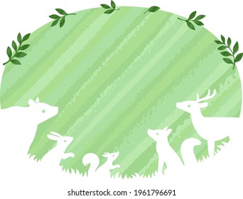 Brushed style forest animal silhouettes and green leaf frame