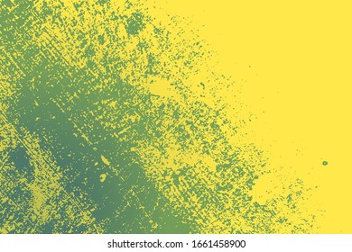 Brushed yellow paint cover. Distress urban used texture. Grunge rough dirty background. Overlay aged grainy messy template. Renovate wall scratched backdrop. Empty aging design element. EPS10 vector