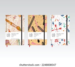 Brushes, arrow and sticks design, note book, note pad, dairy cover seamless pattern design, vector scalable artwork 