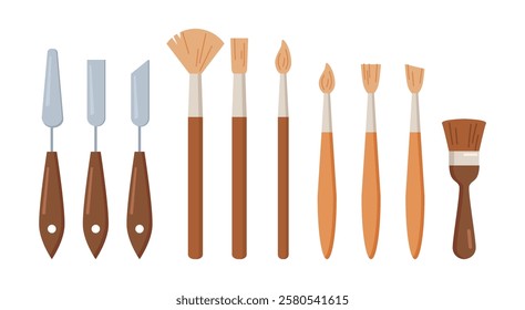 Brushes for art with different thicknesses of bristle. Vector isolated set of artist instruments and tools for creating paintings and drawings. Brushstrokes creation, artistic equipment