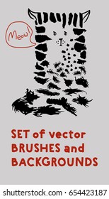Brushes and Backgrounds Vector Collection. Set of Trendy Grey Scale Hipster Paintbrush Banners Arranged in a Cat Form. Hand Painted Black Ink Brush Strokes. Dirty Grunge Artistic Design Elements. 