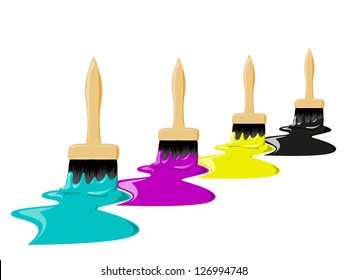 Brushes with color paints - concept of CMYK