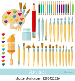 Brushes, color pencils, pens and all colour brushstroke. Big set of flat tools for drawing and paintind isolated on white