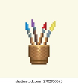 Brushes in a cup with an isolated vector illustration on a white background in pixel art style. Ideal for game and retro design, packaging and textiles projects. Advertising a stationery store, a draw