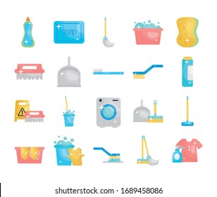 brushes and disinfection and cleaning elements icon set over white background, flat style, vector illustration