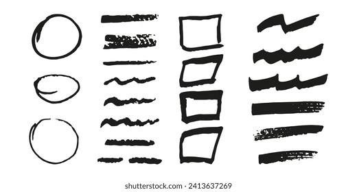 Brushes and elements for notes highlighting text. Squares circles lines wavy strokes. Vector illustration...