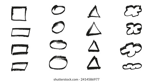 Brushes and elements for notes highlighting text. Squares circles triangles and clouds. Vector illustration...