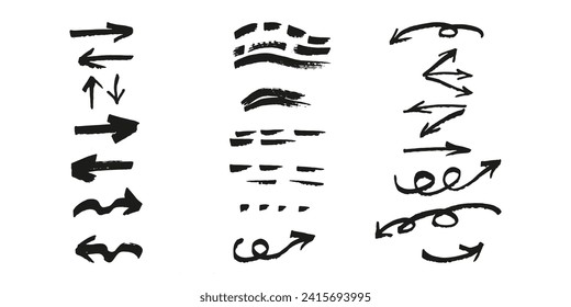 Brushes and elements for notes highlighting text. Arrows strokes dotted lines. Vector illustration...