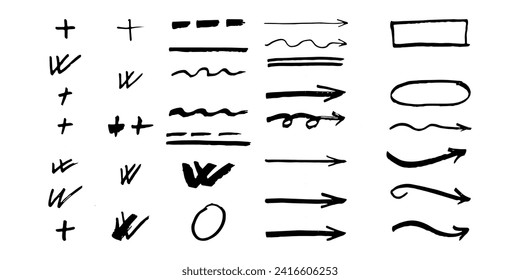 Brushes and elements for notes highlighting text. Arrows strokes dotted lines rectangle oval. Vector illustration...